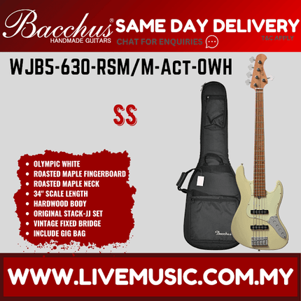 Bacchus WJB5-630-RSM/M-Act 5-Strings Bass Guitar, Roasted Maple Fretboard - Olympic White ( WJB5630RSM / WJB5 630 )