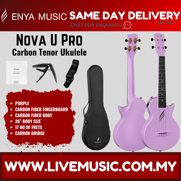 Purple tenor ukulele with black case, stringed instrument body, headstock and bridge visible.