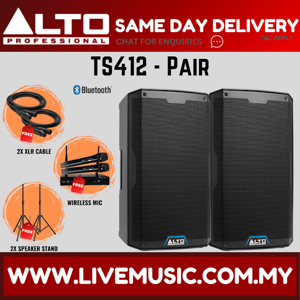 Alto TS412 2500W 12" Powered Speaker w/UG-88HH Wireless Mic, Speaker Stand and Cable - Each / Pair ( TS-412 / TS 412 )