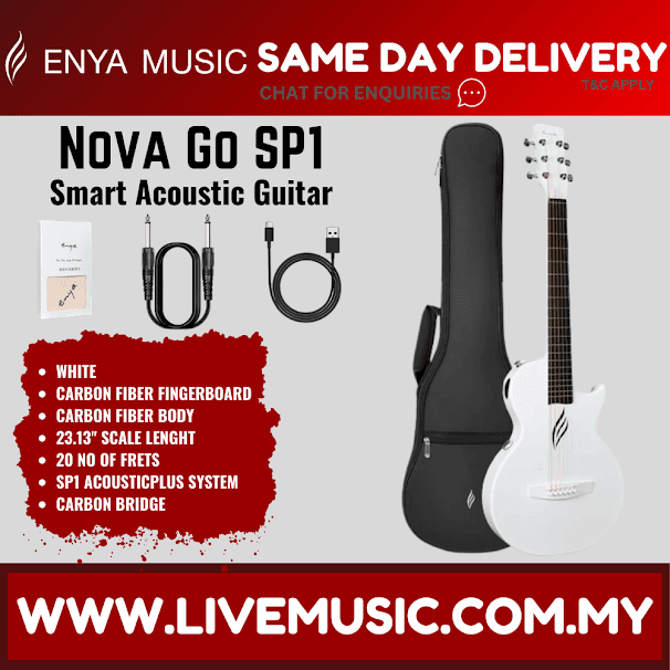 White acoustic-electric guitar with carbon fiber details, shown with open-case