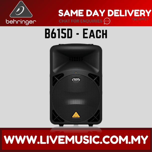 Black powered PA speaker, single 15-inch cabinet with grille and horn