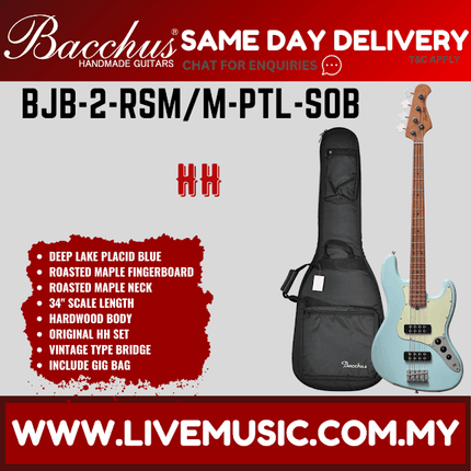 Bacchus BJB-2-RSM/M Jazz Bass HH Guitar - Deep Lake Placid Blue ( BJB2RSM BJB2 RSM )