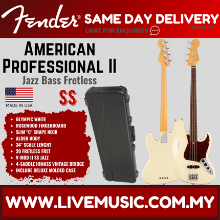 Fender American Professional II Fretless Jazz Bass Electric Guitar, Rosewood Fretboard - Olympic White