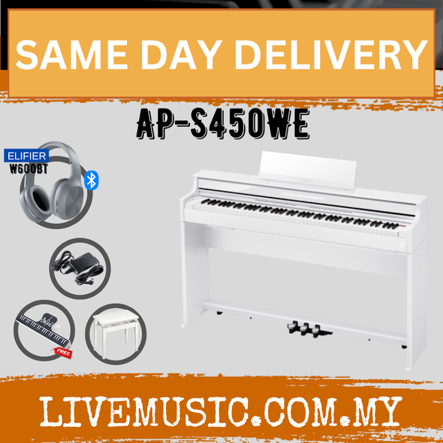 White digital piano with full-size 88-key keyboard and top speaker grille