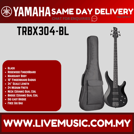 Yamaha TRBX304 4-string Electric Bass Guitar Package - Black ( TRBX 304 / TRBX-304 )