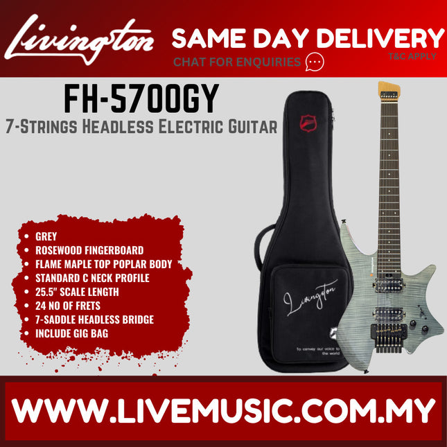 Grey headless 7-string electric guitar with rosewood fretboard and black gig bag