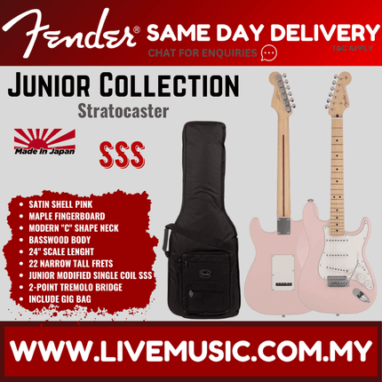 Fender Japan Junior Collection Stratocaster Electric Guitar, Maple FB, Satin Shell Pink