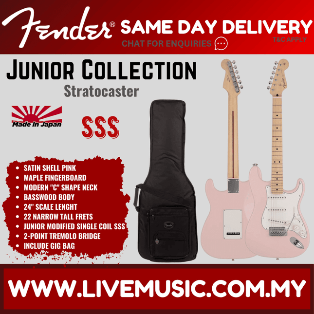 Fender Japan Junior Collection Stratocaster Electric Guitar, Maple FB, Satin Shell Pink
