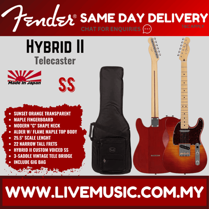 Fender Japan Hybrid II Telecaster Electric Guitar, Maple FB, Flame Sunset Orange