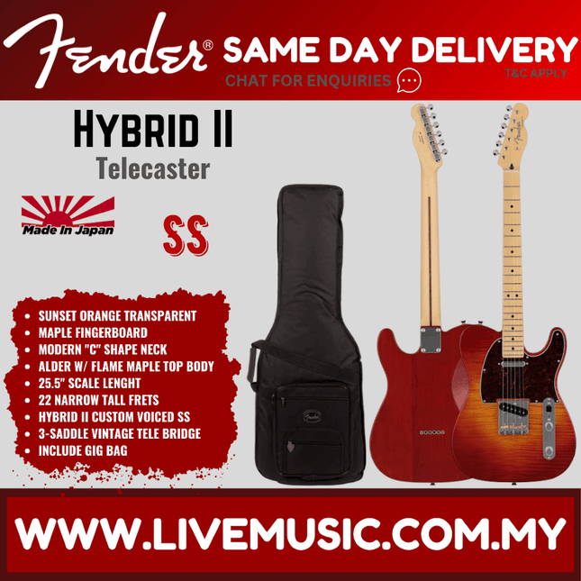 Fender Japan Hybrid II Telecaster electric guitar in flame sunset orange with case