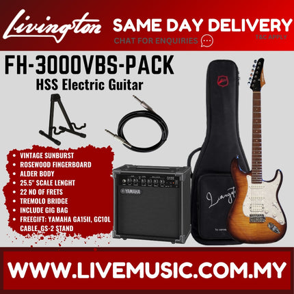 Livingston FH-3000-PACK Stratocaster HSS Electric Guitar w/GA15II Amplifier, Roasted Maple Fretboard -Vintage Sunburst ( FH3000 FH 3000 )