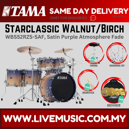Tama WBS52RZS-SAF Starclassic Walnut/birch 5-piece Shell Pack w/KDZ141620 Cymbals Set - Satin Purple Atmosphere Fade