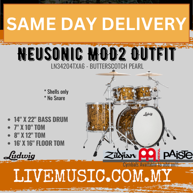 Ludwig LN34204TXA6 Neusonic 4-Piece MOD2 Outfit Drumset (22B/16F/10T/12T), Butterscotch Pearl