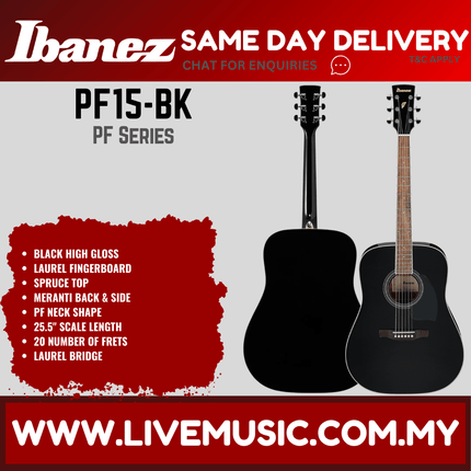 Black high-gloss acoustic guitar with dark pickguard and brown fingerboard