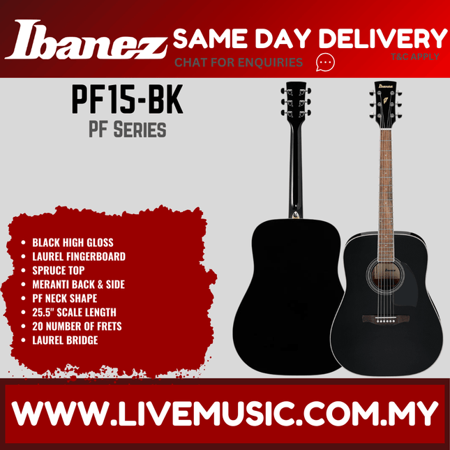 Ibanez PF15 Acoustic Guitar - Black High Gloss / Natural High Gloss ( PF-15 / PF 15 )