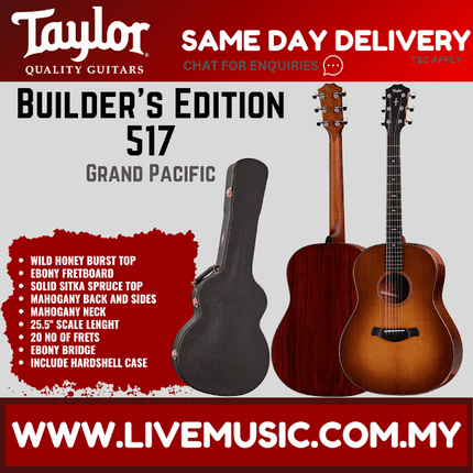 Taylor Builder's Edition 517 V-Class Grand Pacific Acoustic Guitar w/Case, Wild Honey Burst Top