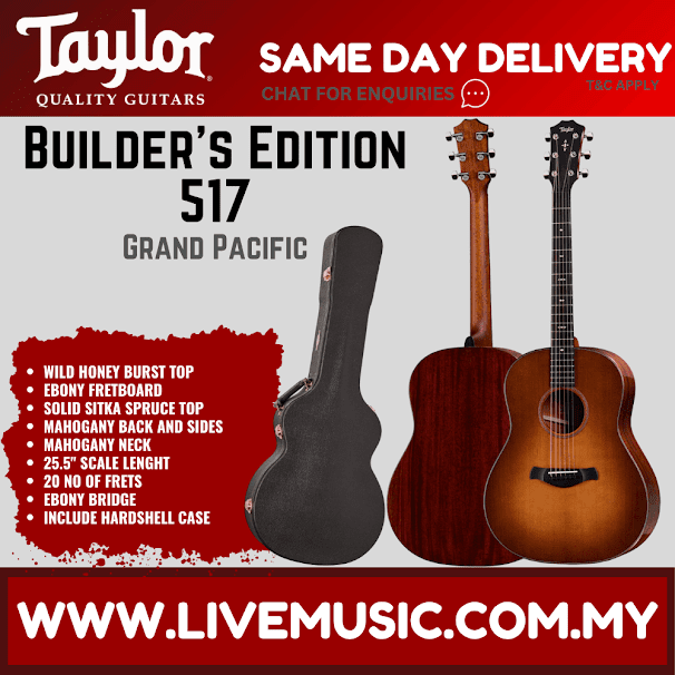 Taylor Builder's Edition 517 V-Class Grand Pacific Acoustic Guitar w/Case, Wild Honey Burst Top