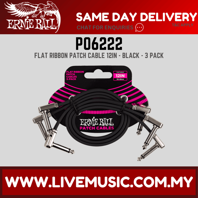 Ernie Ball 6222 Flat Ribbon Pedalboard Patch Cable, Right Angle to Right Angle, Black, 12 Inch, 3-pack