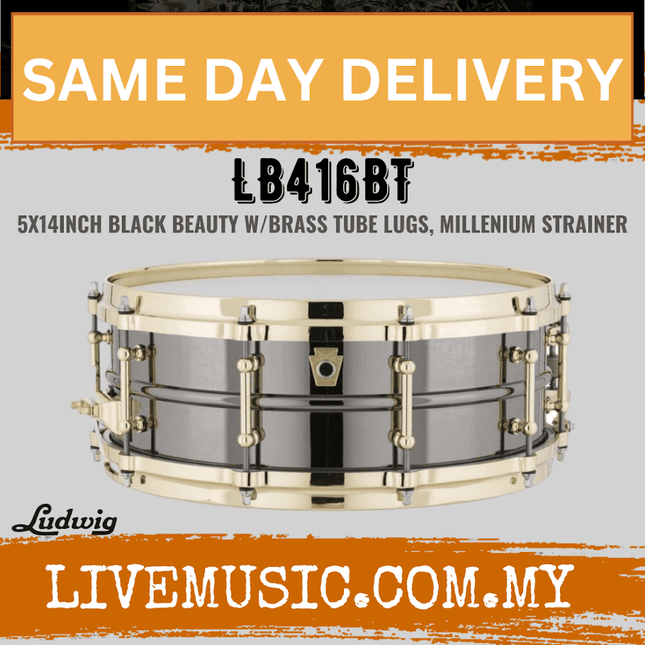 Ludwig LB416BT 5x14inch Black Beauty w/Brass Drum Tube Lugs, Millenium Strainer