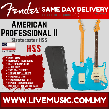 Fender American Professional II HSS Stratocaster Electric Guitar, Rosewood Fretboard - Miami Blue