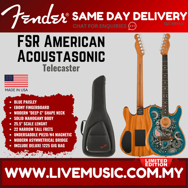 Fender FSR American Acoustasonic Telecaster Acoustic Guitar w/bag, Ebony FB, Blue Paisley