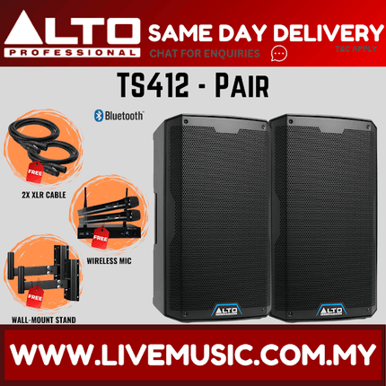 Alto TS412 2500W 12" Powered Speaker w/UG-88HH Wireless Mic, Speaker Stand and Cable - Each / Pair ( TS-412 / TS 412 )