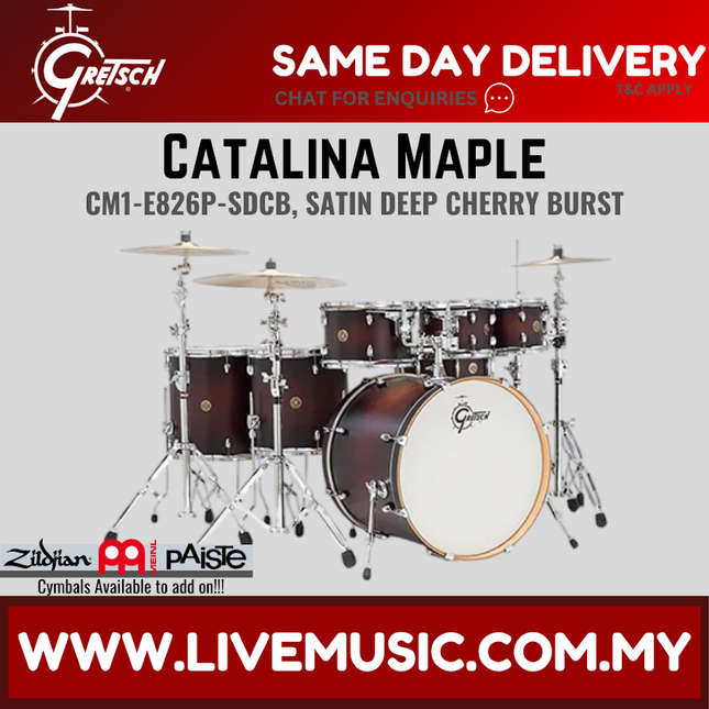 Satin deep cherry maple drum kit with bass drum, toms, snare, and cymbals