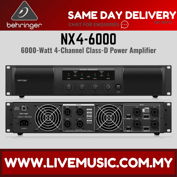 Behringer NX4-6000 4-channel class-D power amplifier showing front knobs and rear ports