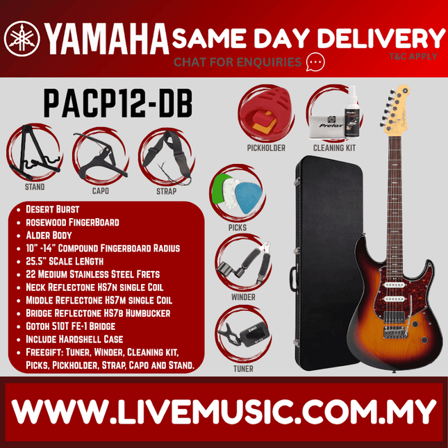 Desert Burst electric guitar with strap and included accessory set, shown with case