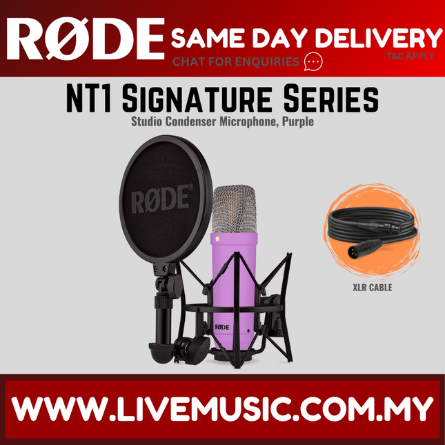 Purple large-diaphragm condenser microphone with black shock mount and stand
