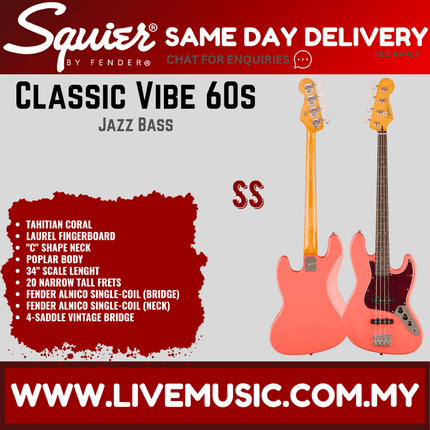 Squier Classic Vibe 60s Jazz Bass Guitar, Laurel FB, Tahitian Coral