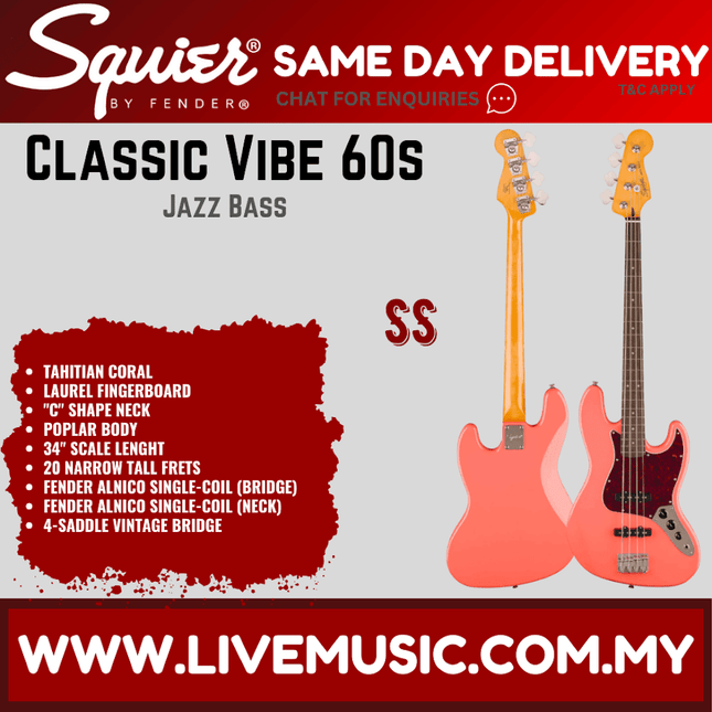 Squier Classic Vibe 60s Jazz Bass Guitar, Laurel FB, Tahitian Coral