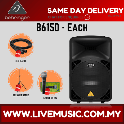 Behringer Eurolive B615D 1500W 15" Powered Speaker w/Wireless Mic, Speaker Stand and Cable - Pair ( B-615D / B 615D )