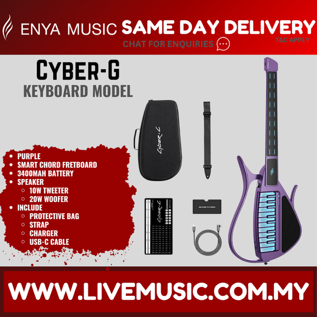 Purple stringless guitar-style keyboard controller with black case and accessory bundle