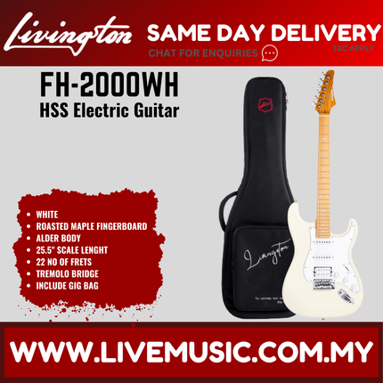 Livingston FH-2000-Pack Stratocaster HSS Electric Guitar w/GA15II Amplifier, Roasted Maple Fretboard - White( FH2000 FH 2000 )