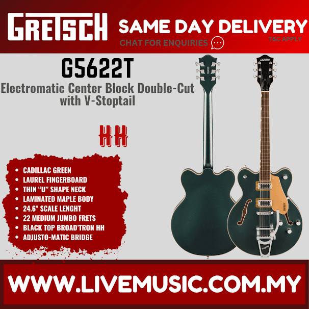 Gretsch G5622T center-block double-cut electric guitar, dark green finish with Bigsby