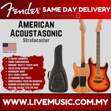 Fender American Acoustasonic Stratocaster, Ebony Fretboard with Bag - 3-Color Sunburst