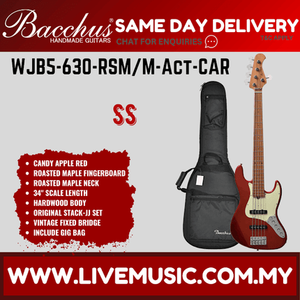 Bacchus WJB5-630-RSM/M-Act 5-Strings Bass Guitar, Roasted Maple Fretboard - Candy Apple Red ( WJB5630RSM / WJB5 630 )