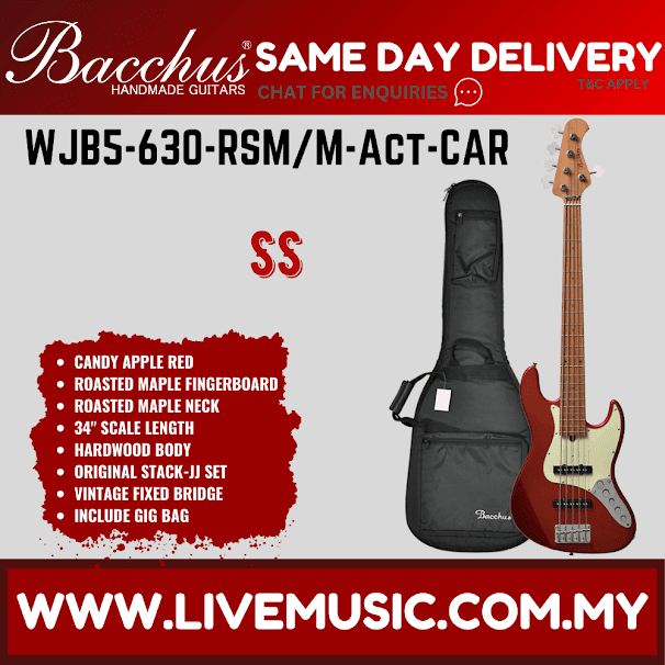 Candy Apple Red 5-string electric bass guitar with roasted maple fretboard, in black bag