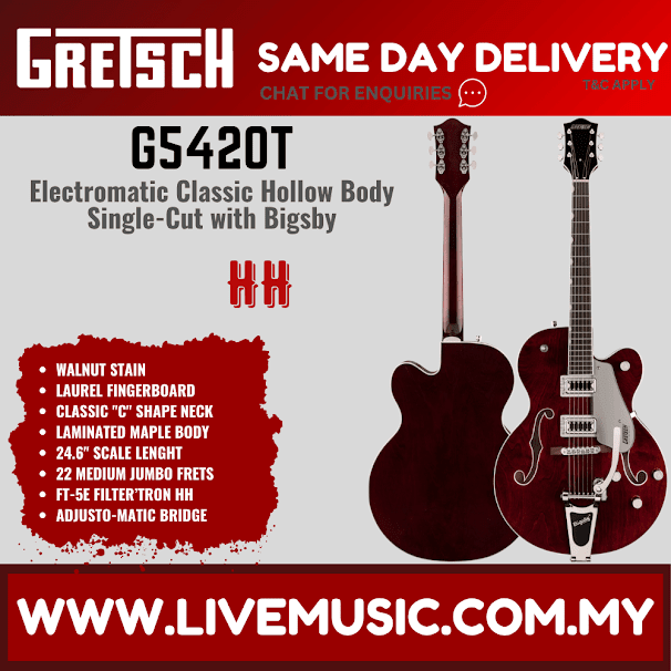 Walnut stain hollow-body single-cut electric guitar with Bigsby vibrato and pickguard