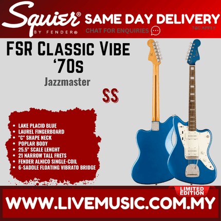 Squier FSR Classic Vibe 70s Jazzmaster Electric Guitar, Laurel FB, Lake Placid Blue