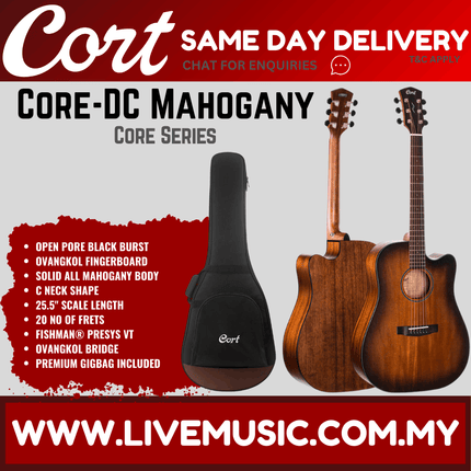 Cort Core-DC Mahogany Dreadnought Full Solid Acoustic Guitar With Case - Open Pore Black Burst ( CoreDC Core DC)
