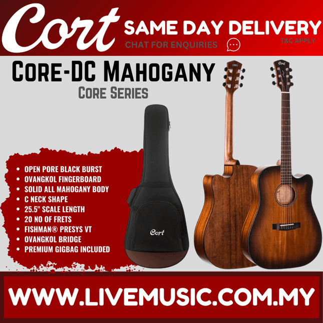 Cort Core-DC Mahogany Dreadnought Full Solid Acoustic Guitar With Case - Open Pore Black Burst ( CoreDC Core DC)