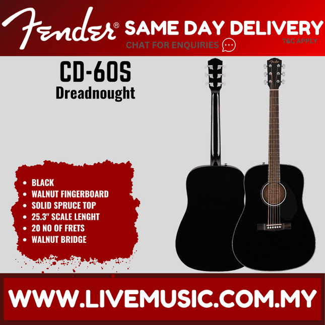 Black dreadnought acoustic guitar with natural fretboard, solid spruce top