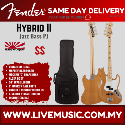 Fender Japan Hybrid II Jazz Bass PJ Guitar, Maple FB - Vintage Natural