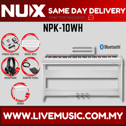 Nux NPK-10 88 Key Smart Digital Piano with Grand Hammer Action 3 Stand and Bench - Whie (NPK10/NPK 10)