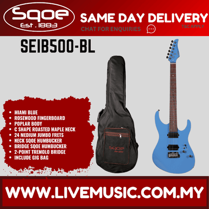 SQOE SEIB500 HH Roasted Maple Neck Electric Guitar with Tremolo - Miami Blue ( SEIB 500 / SEIB-500 )