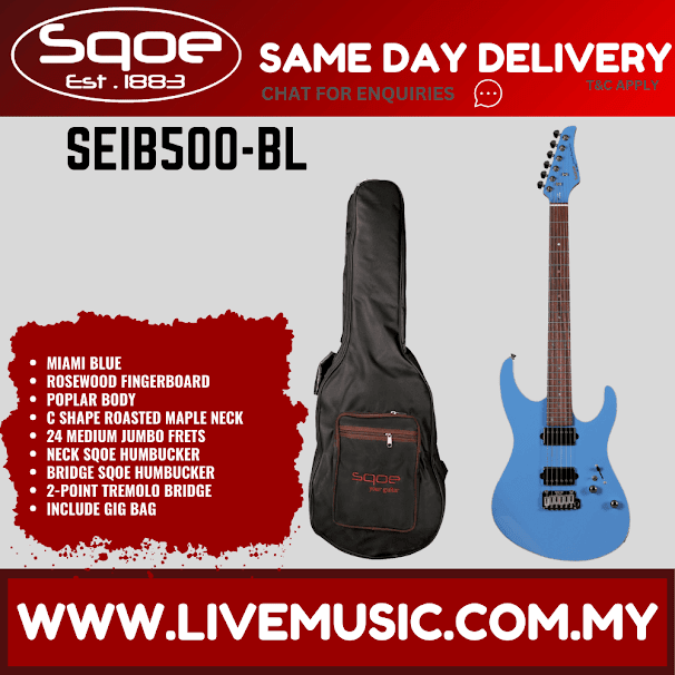 SQOE SEIB500 HH Roasted Maple Neck Electric Guitar with Tremolo - Miami Blue ( SEIB 500 / SEIB-500 )
