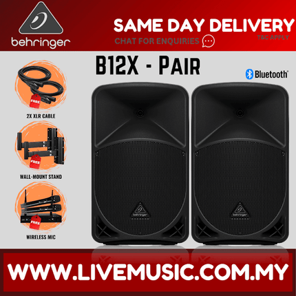 Behringer B12X 1000W 12" Powered Speaker w/UG-88HH Wireless Mic, Speaker Stand and Cable - Pair ( B-12X / B 12X )