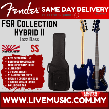 Fender FSR Collection Hybrid II Jazz Bass Guitar, RW FB, Deep Ocean Metallic